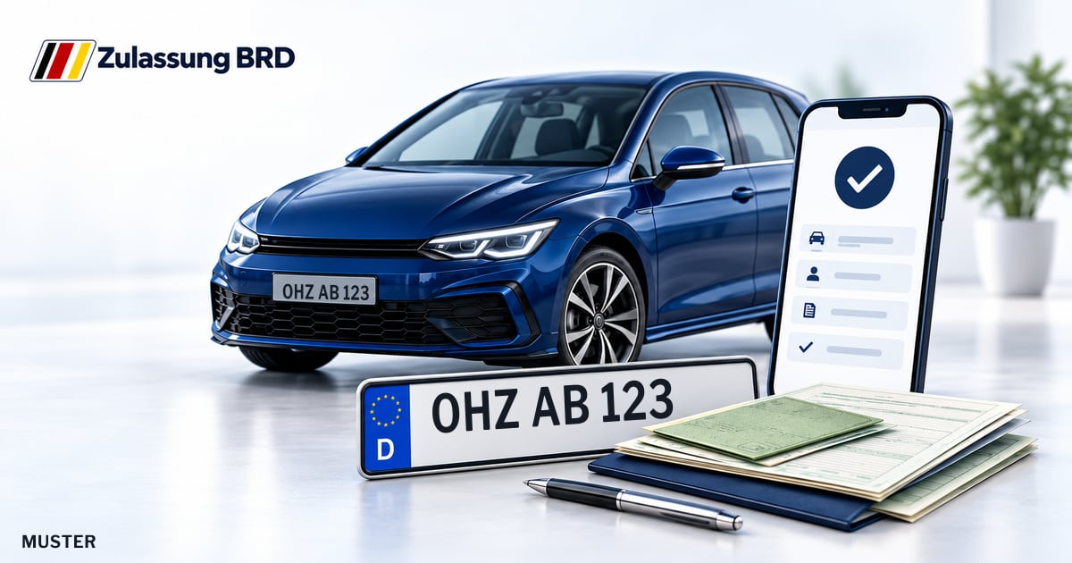 Online Fahrzeugzulassung in Schwanewede: Musterkennzeichen OHZ AB 123, Auto und Fahrzeugpapiere und Smartphone. Illustration mit Logo von Zulassung BRD.